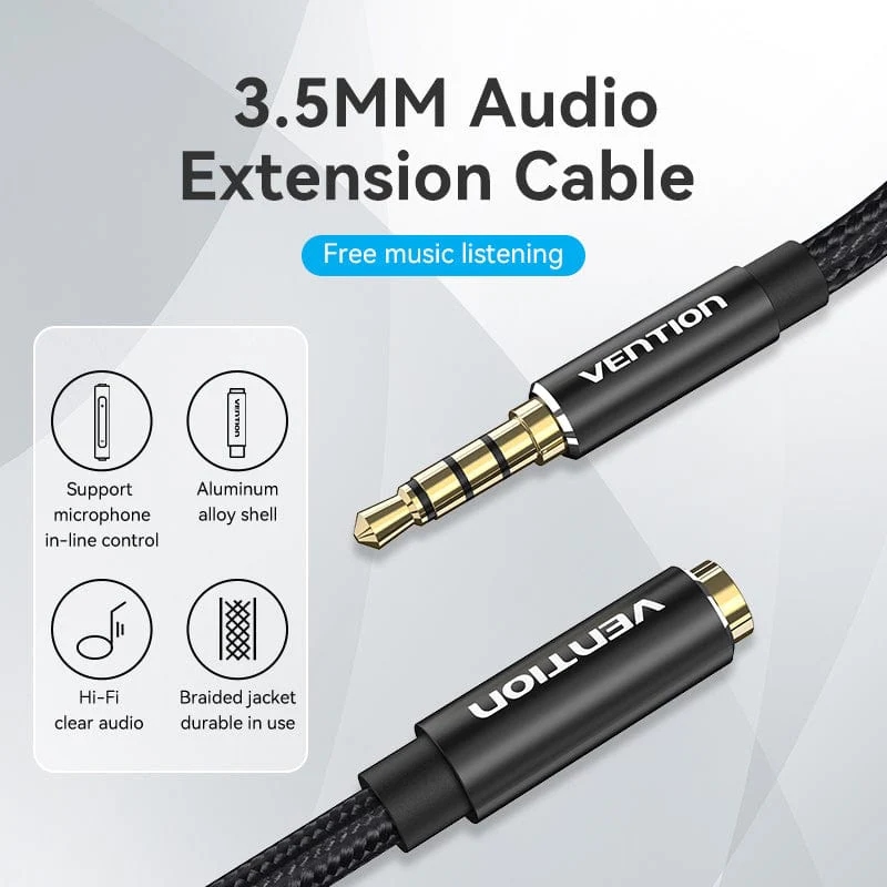 Кабель AUX Audio TRS M/F 3.0м Gold-Plated, нейлонове обплетення, Vention (BHCBI) Чорний на малюнкі №3