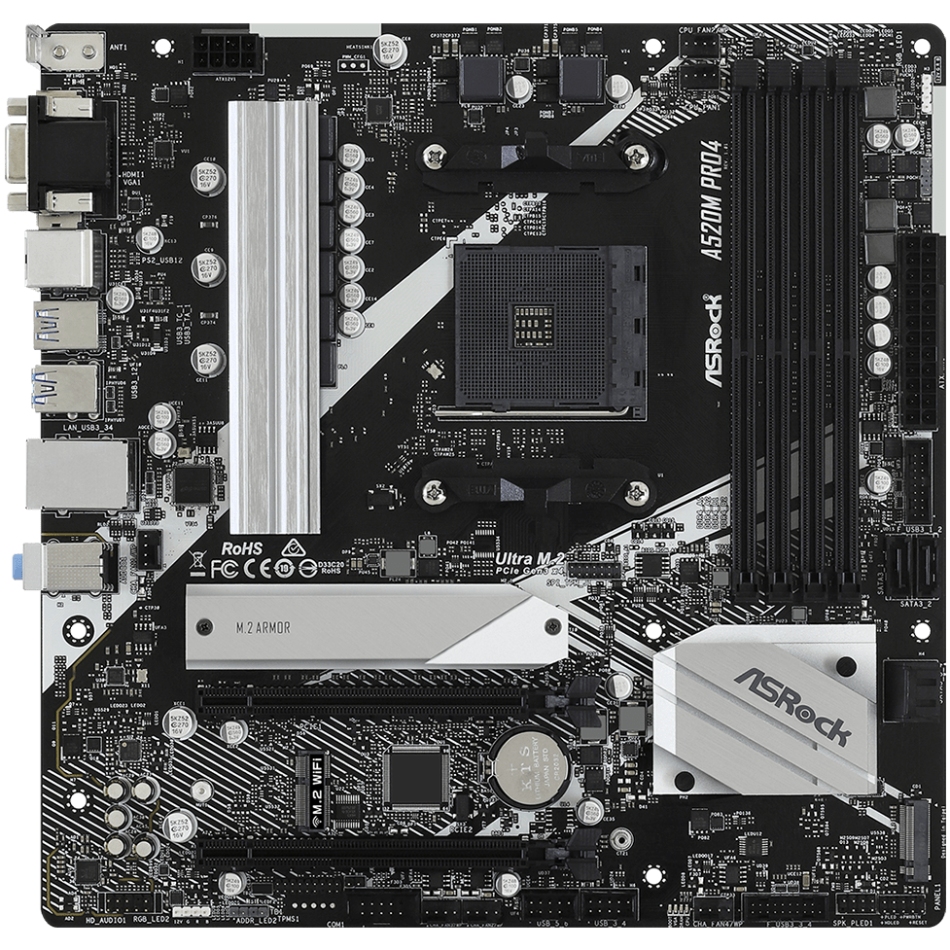 ASRock (AM4/A520, 4*DDR4, 2xPCIex16, D-Sub/DP/HDMI, 4xSATAІІІ, 2xM.2, GLan, 8ch, mATX) (A520M PRO4) на малюнкі №1