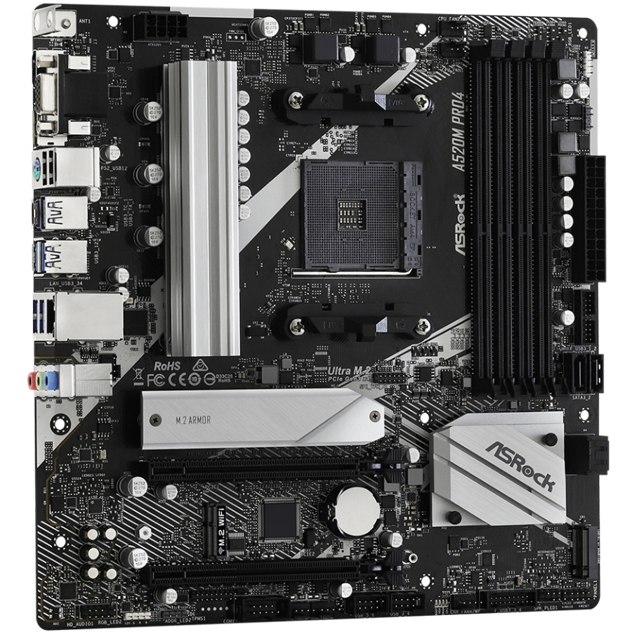 ASRock (AM4/A520, 4*DDR4, 2xPCIex16, D-Sub/DP/HDMI, 4xSATAІІІ, 2xM.2, GLan, 8ch, mATX) (A520M PRO4) на малюнкі №2