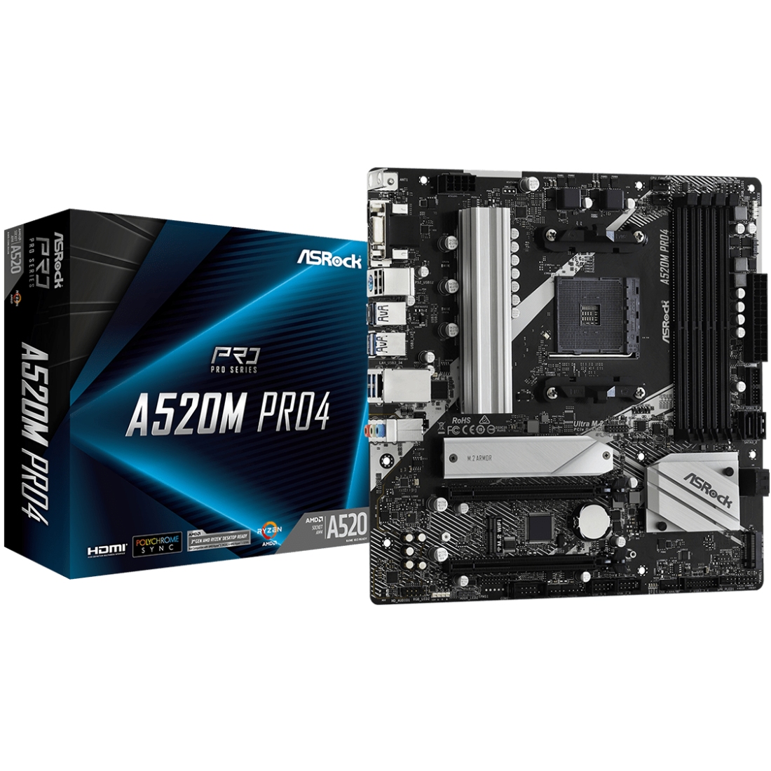 ASRock (AM4/A520, 4*DDR4, 2xPCIex16, D-Sub/DP/HDMI, 4xSATAІІІ, 2xM.2, GLan, 8ch, mATX) (A520M PRO4) на малюнкі №5