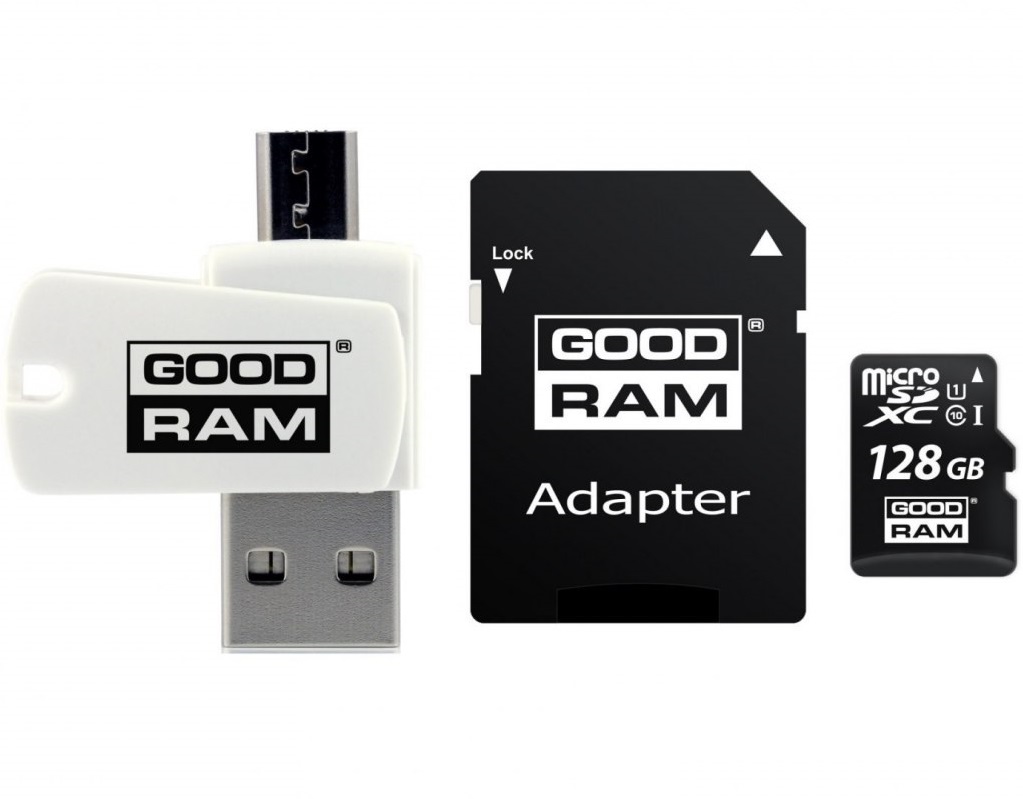 Memory card Secure Digital Micro 128Gb GoodRAM SDXC (class 10 UHS I U1) Retail + adapter +CardReader (M1A4-1280R12)
