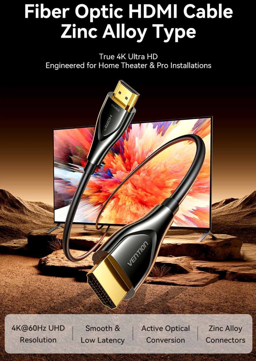 Кабель HDMI M - M, 15.0м, V2.0, Optical 4K 60Гц zinc alloy black Vention (ALSBN) на малюнкі №3