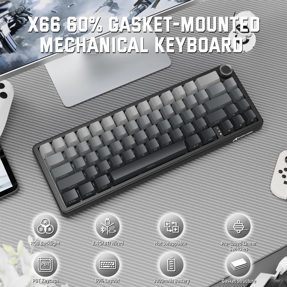 Клавіатура ігрова механічна Attack Shark X66 66кл. RGB, Wireless, Moonlit Night (X66MN_AS) Чорний на малюнкі №2