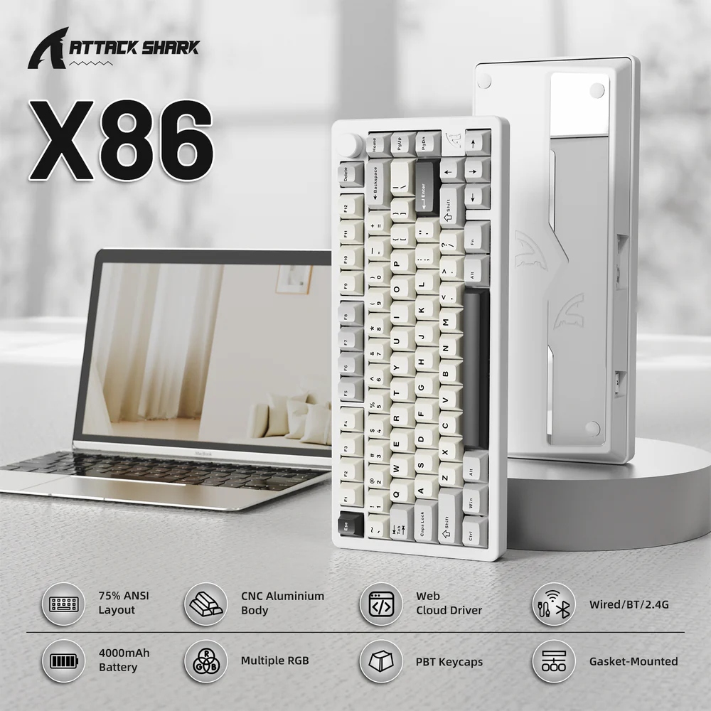 Клавіатура ігрова механічна Attack Shark X86 82кл.RGB,Wireless,Matcha Switch, Starlight White (X86SW_AS) Білий на малюнкі №2
