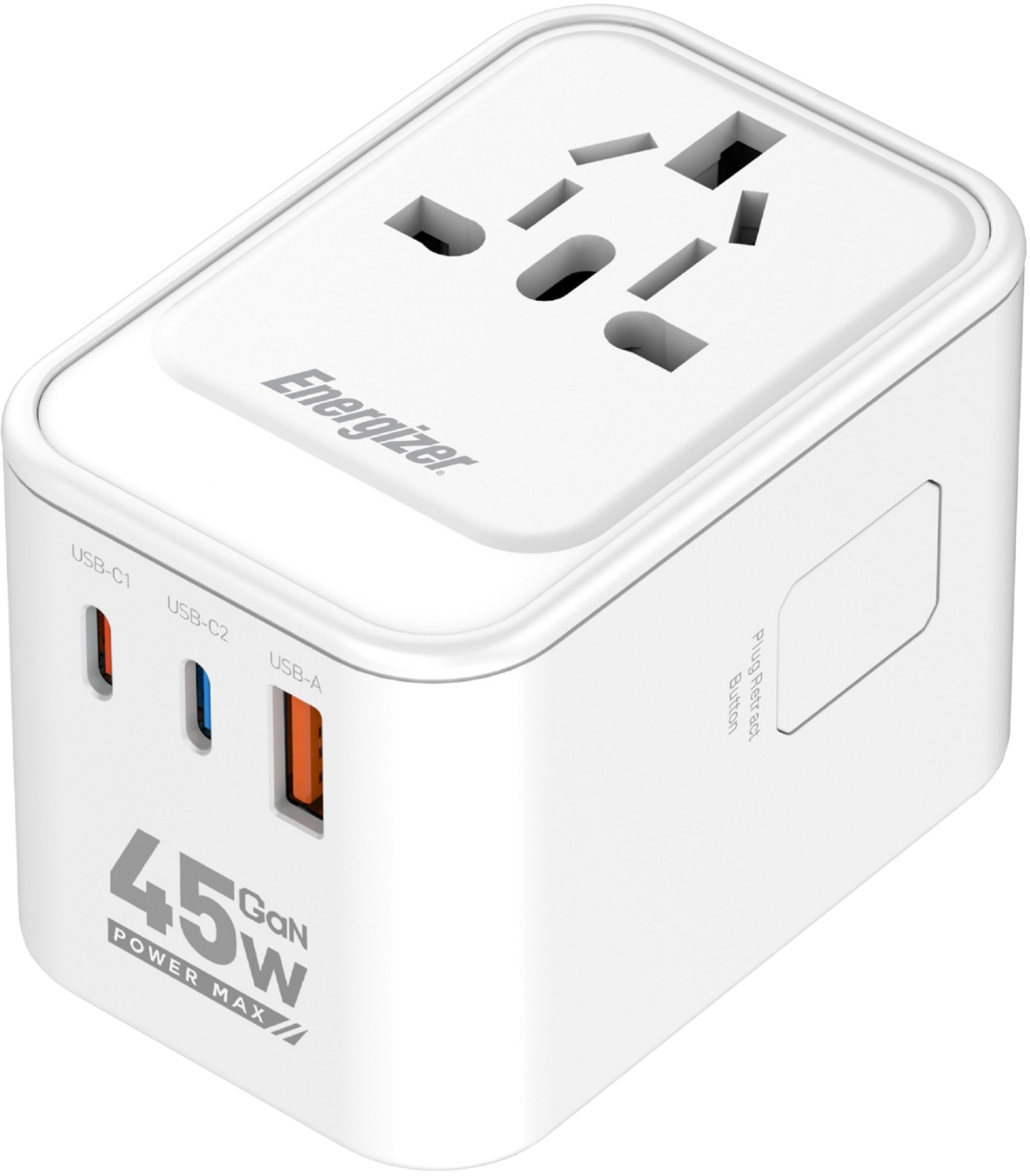 Зарядний пристрій 3xUSB 45W GaN (2хUSB-C+USB-A) PD3.0/QC3.0, universal plugs US/EU/AU/UK Energizer (ETC450) на малюнкі №1
