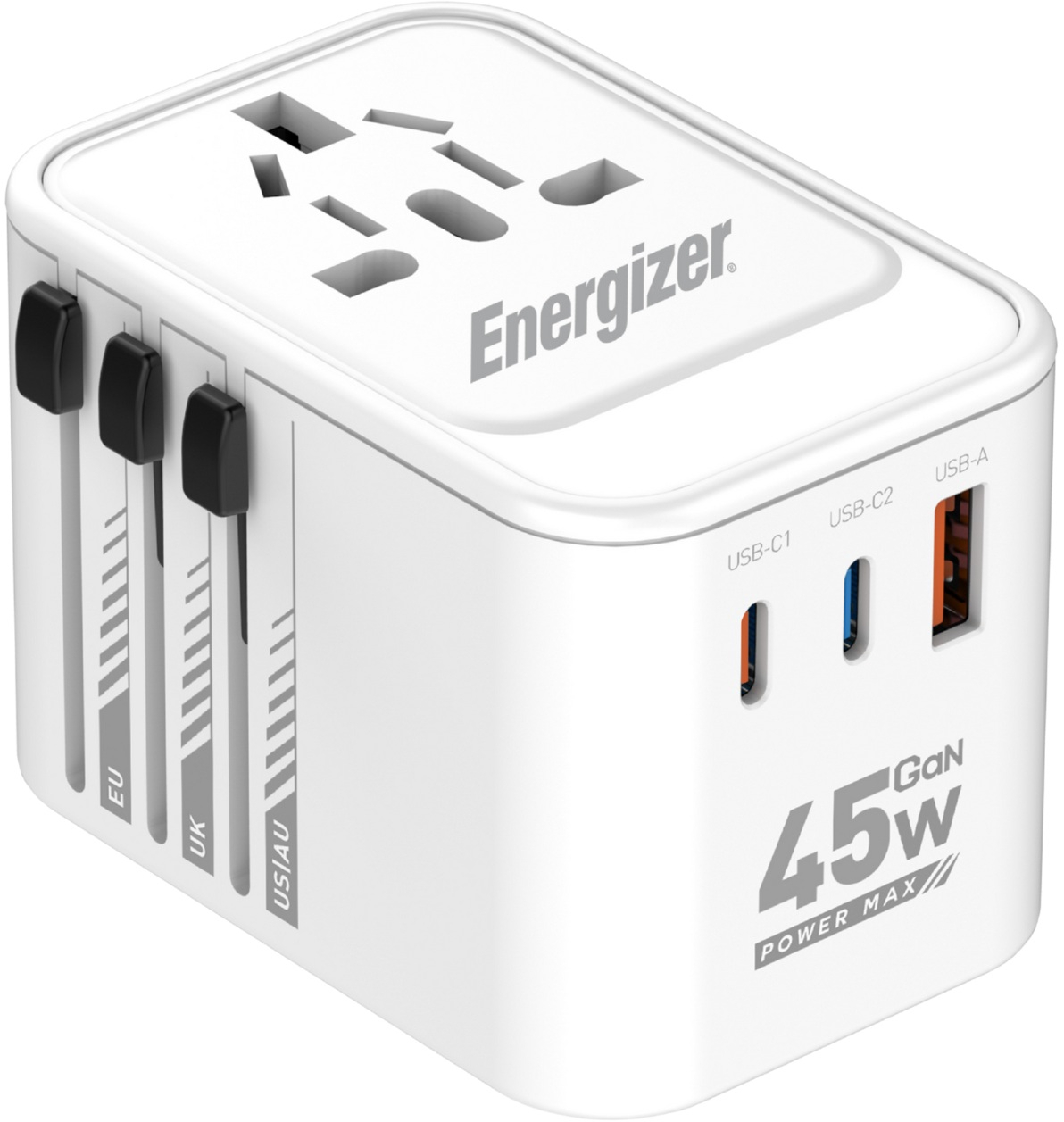 Зарядний пристрій 3xUSB 45W GaN (2хUSB-C+USB-A) PD3.0/QC3.0, universal plugs US/EU/AU/UK Energizer (ETC450) на малюнкі №2