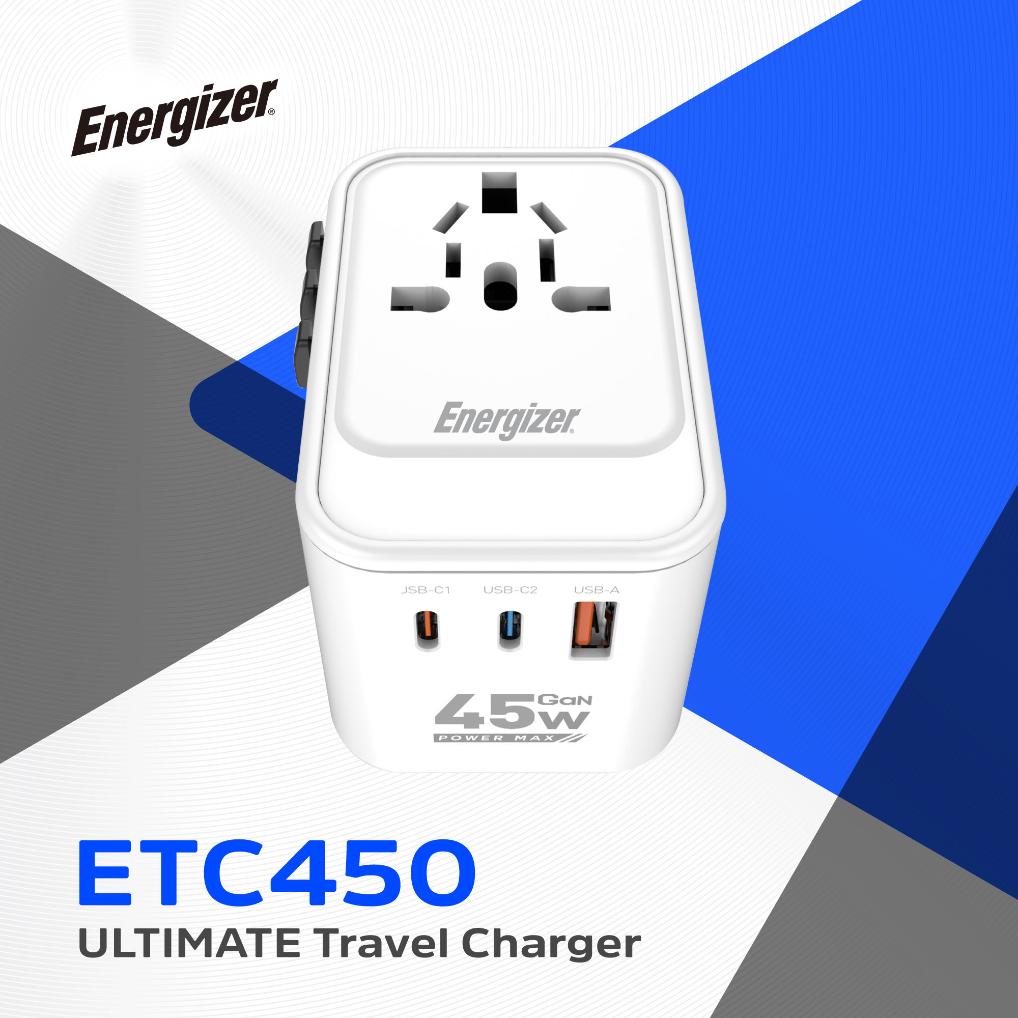 Зарядний пристрій 3xUSB 45W GaN (2хUSB-C+USB-A) PD3.0/QC3.0, universal plugs US/EU/AU/UK Energizer (ETC450) на малюнкі №5