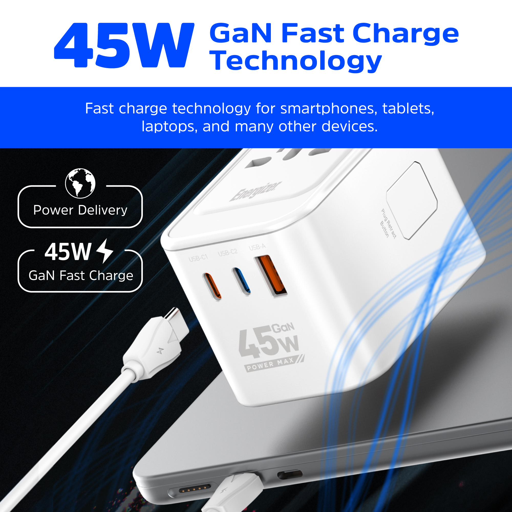 Зарядний пристрій 3xUSB 45W GaN (2хUSB-C+USB-A) PD3.0/QC3.0, universal plugs US/EU/AU/UK Energizer (ETC450) на малюнкі №6