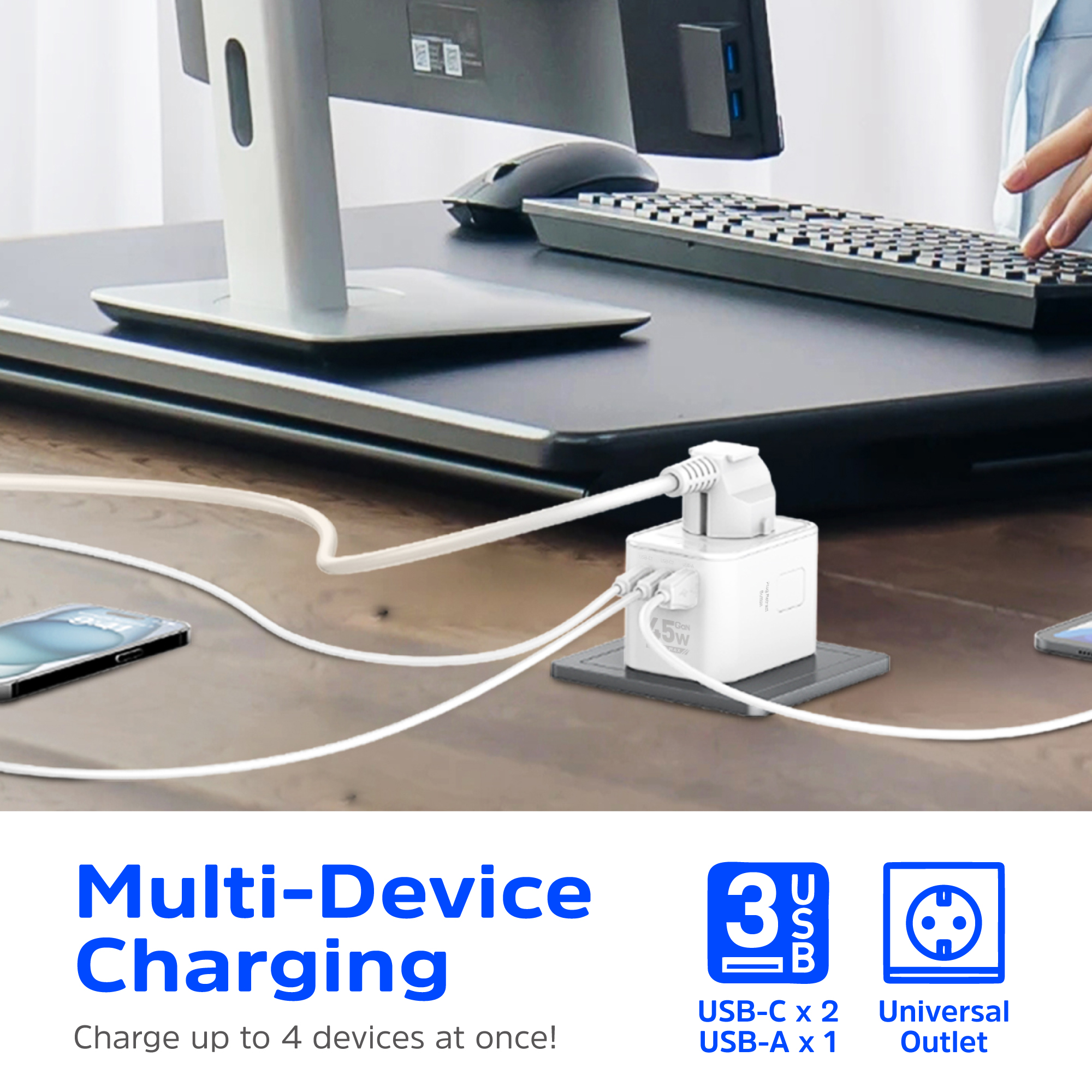 Зарядний пристрій 3xUSB 45W GaN (2хUSB-C+USB-A) PD3.0/QC3.0, universal plugs US/EU/AU/UK Energizer (ETC450) на малюнкі №7
