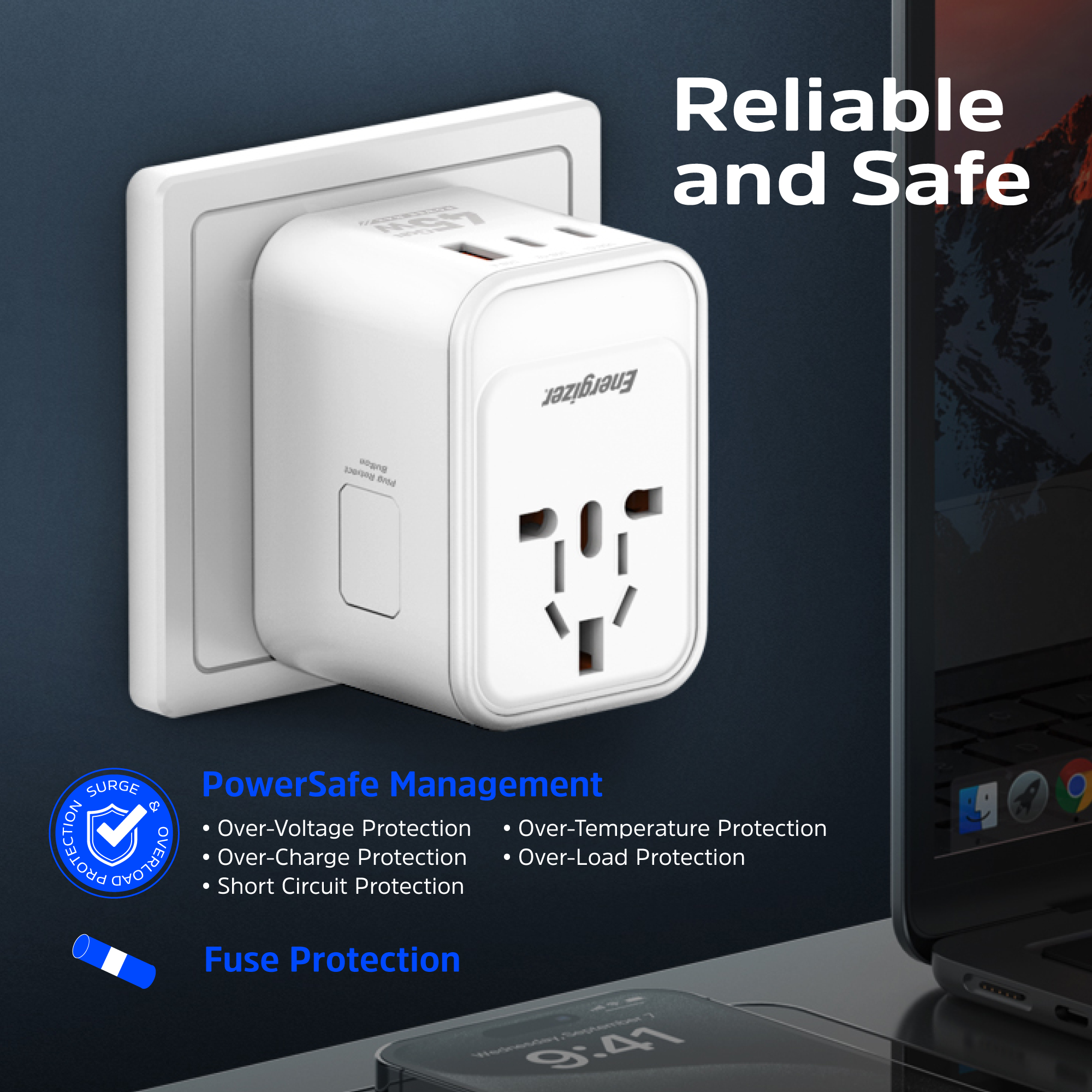Зарядний пристрій 3xUSB 45W GaN (2хUSB-C+USB-A) PD3.0/QC3.0, universal plugs US/EU/AU/UK Energizer (ETC450) на малюнкі №8