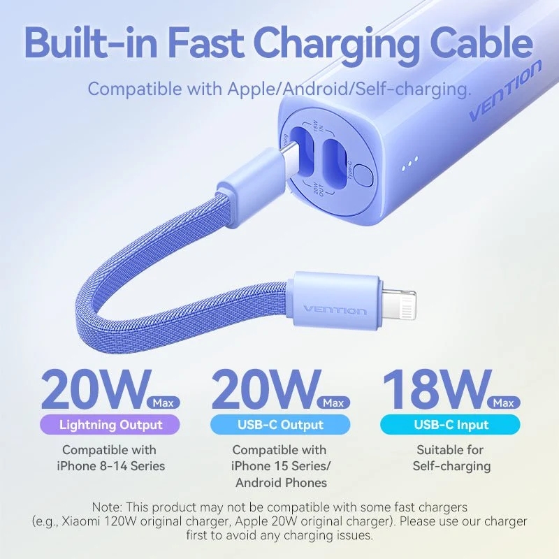УМБ Vention 5000mAh 20W PD, USB-C In/Out, Lightning In/Out, with cable, Gold (FHWJ0) на малюнкі №6