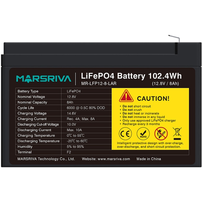 Акумуляторна батарея Marsriva 12.8V, 8.0A, літієва батарея (MR-LFP12-8-LAR) на малюнкі №1